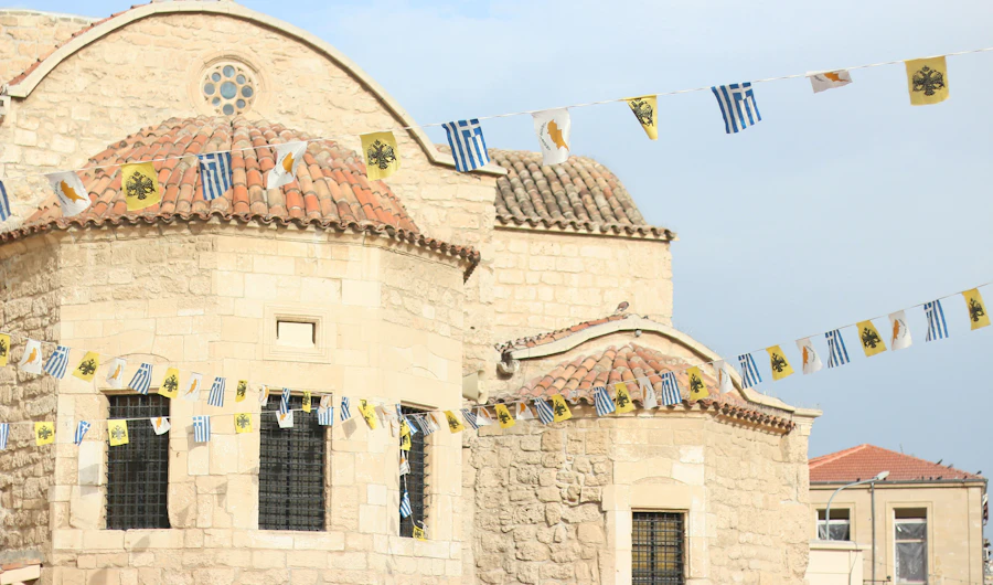 Church in Larnaca, Cyprus, decorated with festival bunting