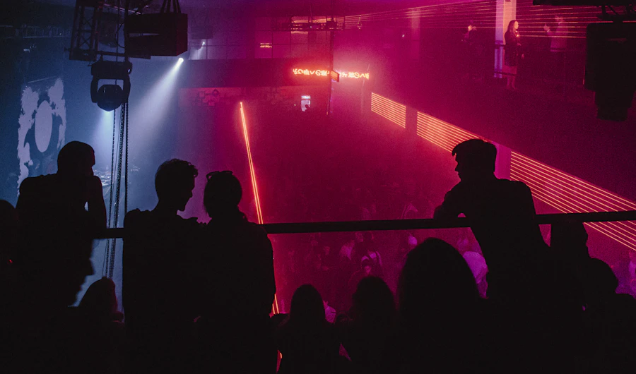 Crowd in silhouette at a dark party with pink laser lights